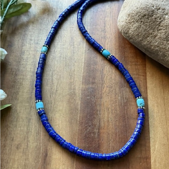 Sterling Silver Heishi Lapis Turquoise Bead Necklace. 18 inch. Gift - Picture 6 of 12